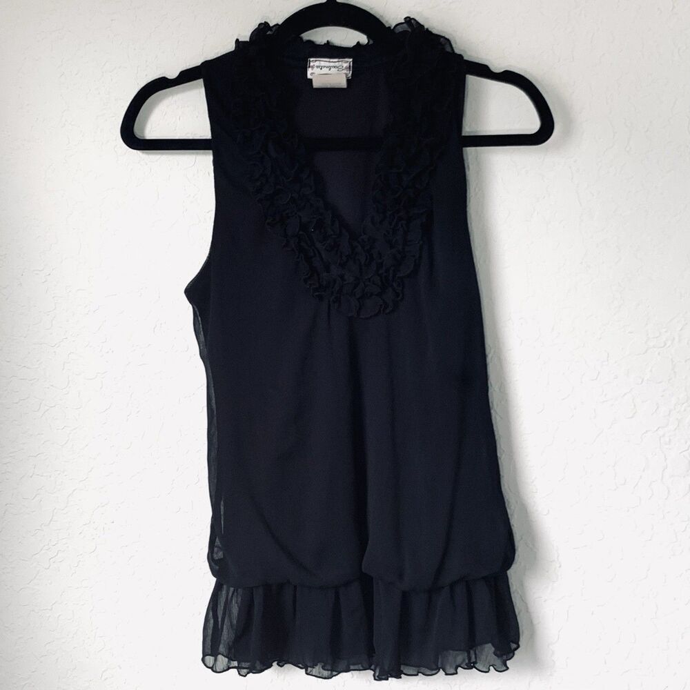 VTG Y2K Soulmates Ruffle VNeck Blouse Black Sleeveless Drop Waist Fairy Whimsy M
